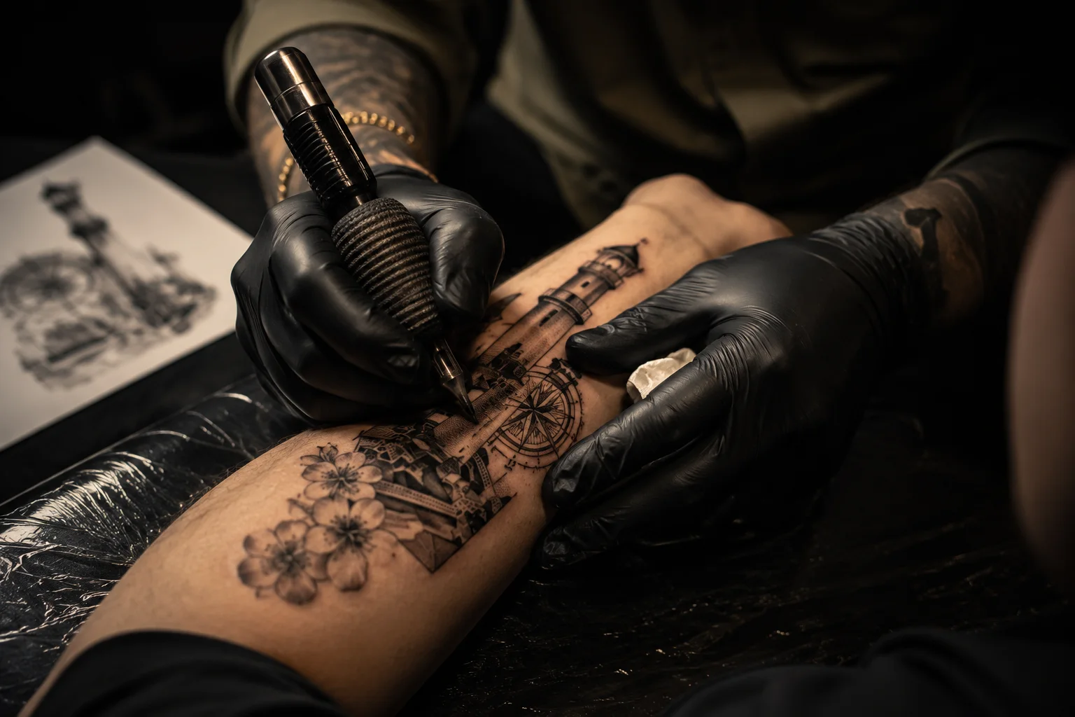 Close-up of a custom tattoo being created